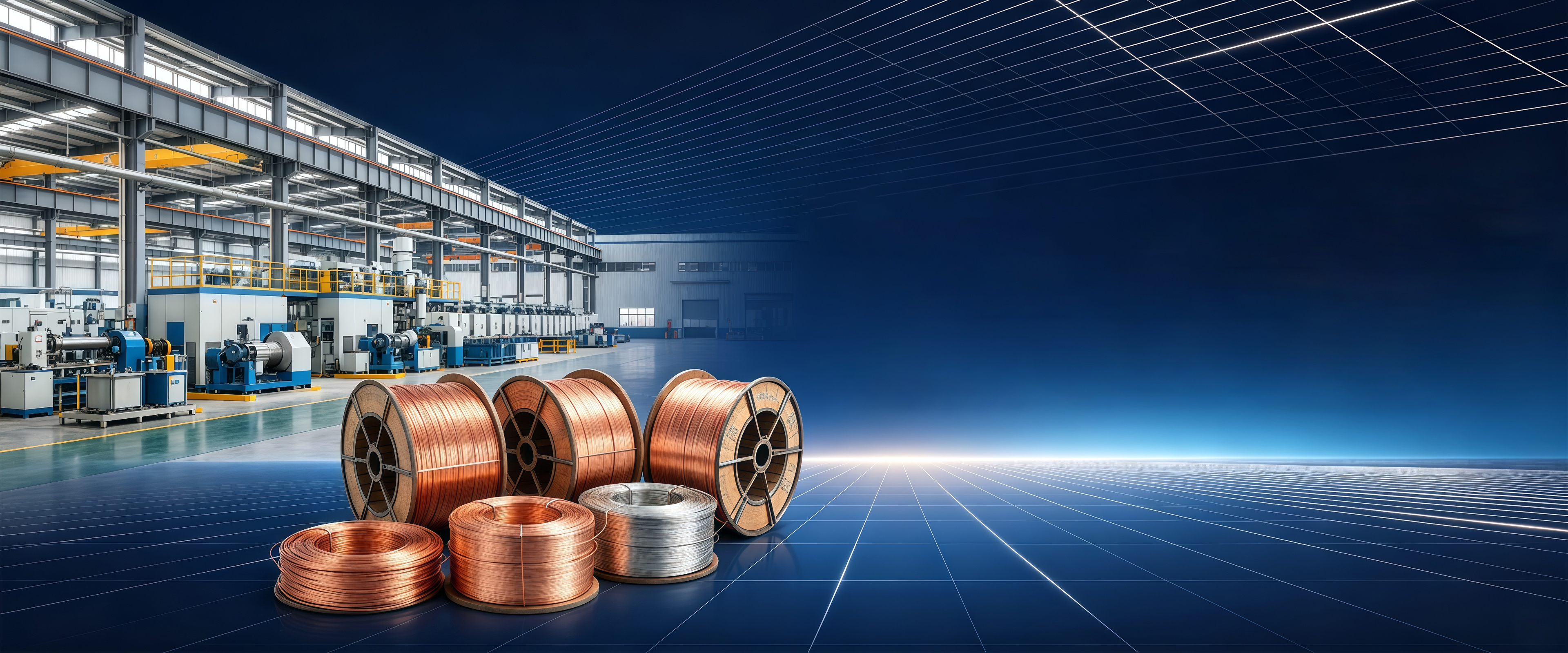 Finished copper and aluminium conductor spools staged in front of the Shuangyou production hall