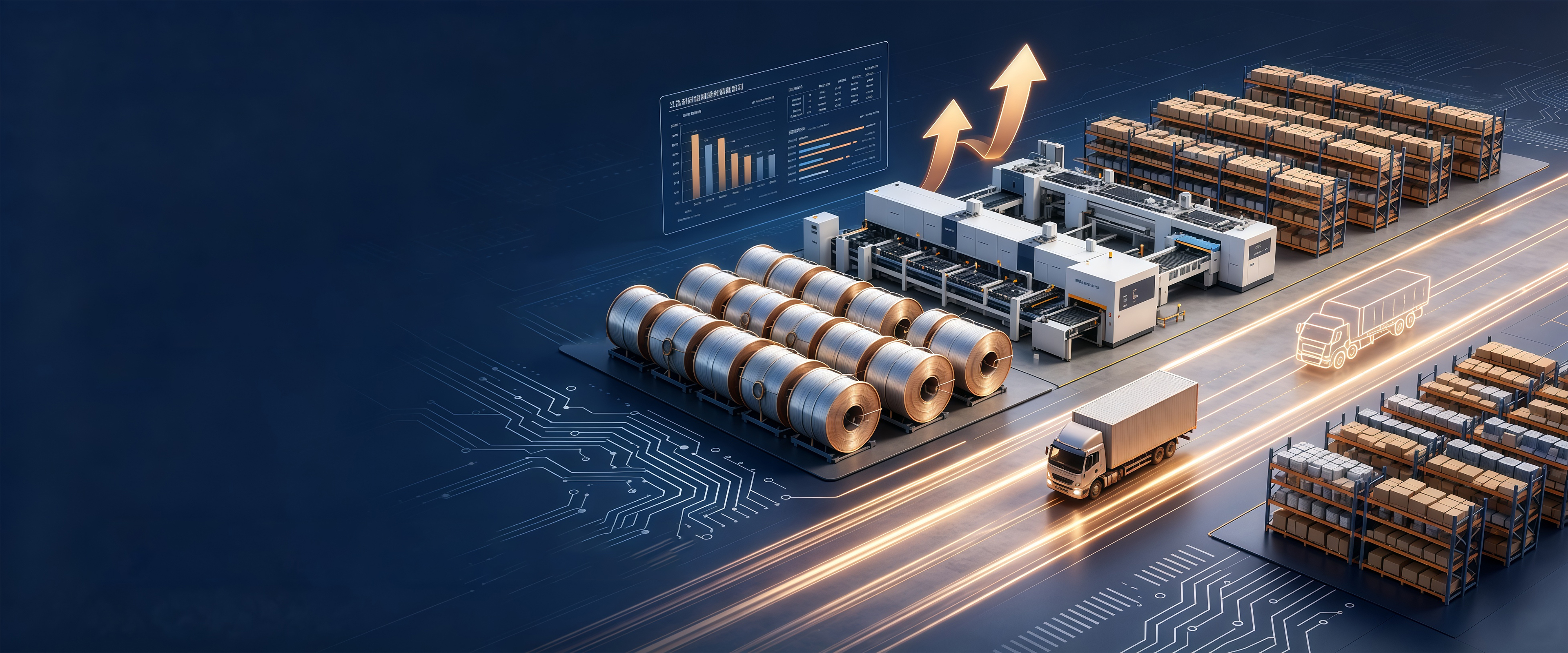 Illustration of stranded conductor spools, production data and outbound logistics representing Shuangyou's manufacturing scope
